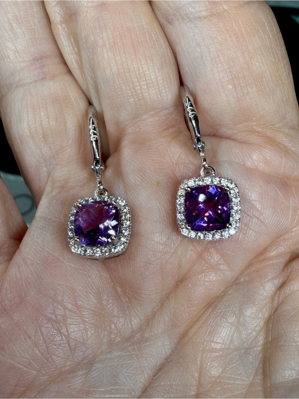 Sterling Silver Amethyst Halo Drop Earrings - Picture 2 of 3